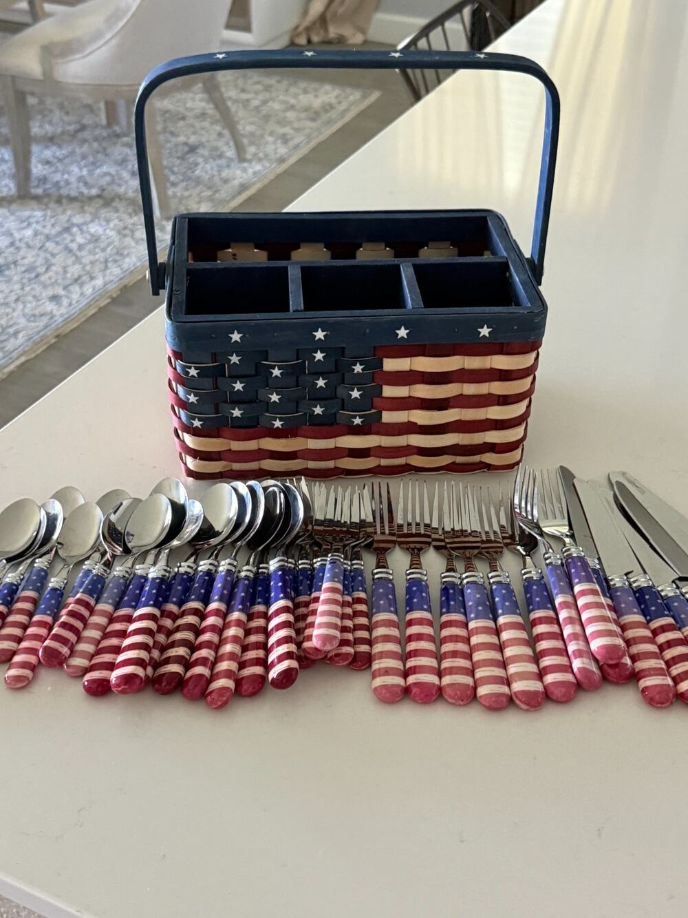 Patriotic USA Flag Flatware Set 38 Pc Silverware Basket Caddy Americana